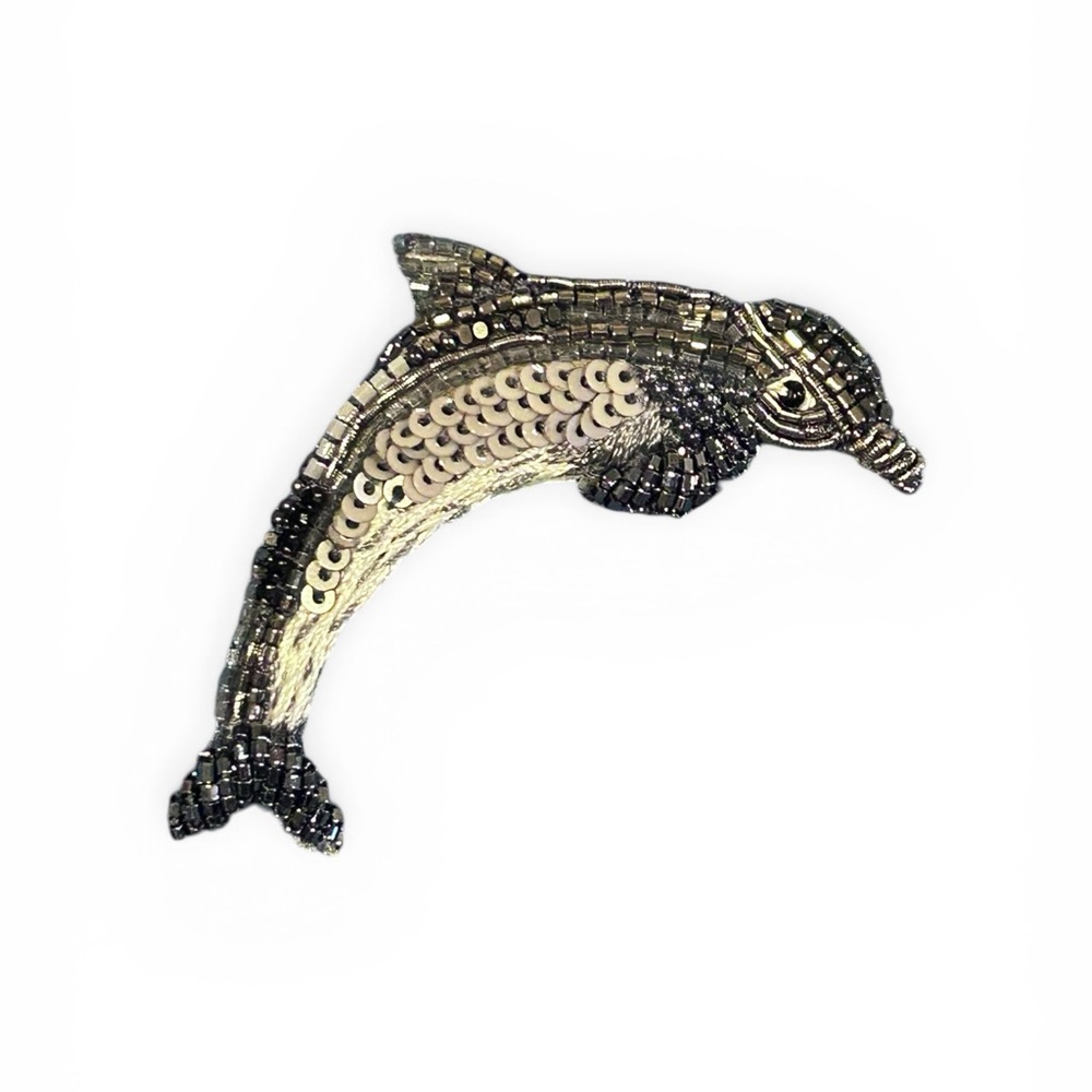 Mignonne Gavigan Beaded Dolphin Brooch in Silver and Cream